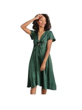Womens Elegant Green Midi Dress XL Polyester Spandex Short Sleeve
